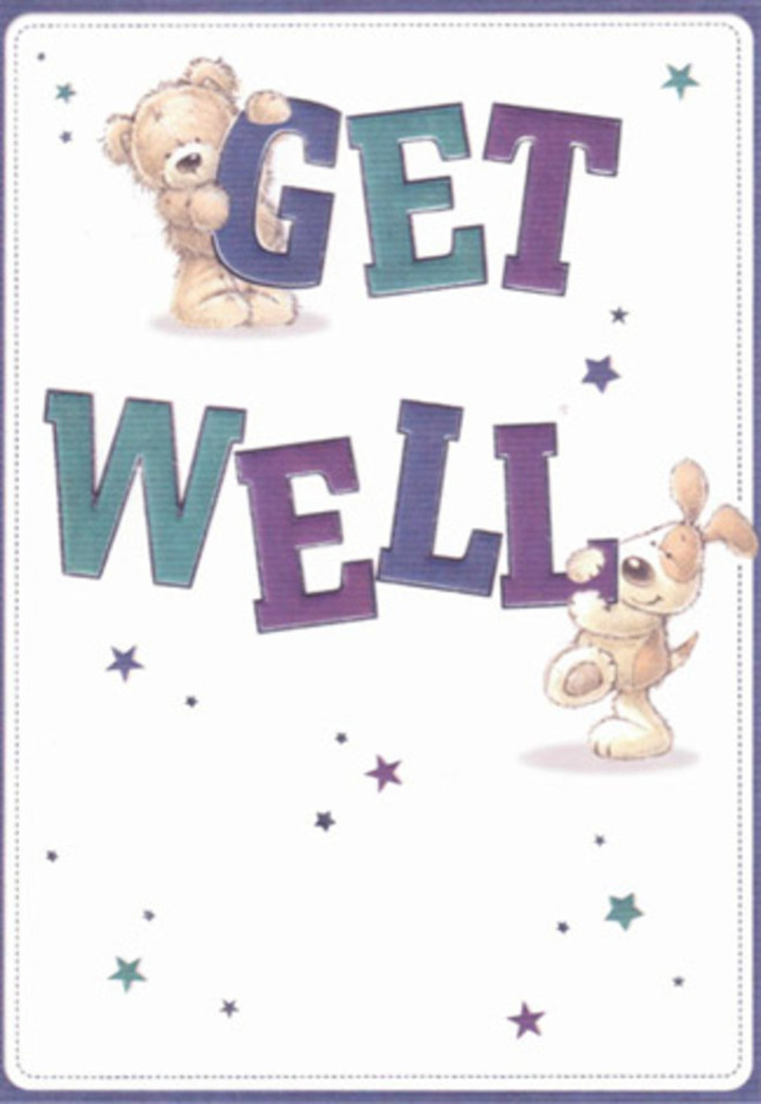 A true celebration of gentle encouragement, this illustrated get well card captures the warmth and friendliness of Epsom's close-knit community. Center stage are a whimsical bear with soft, inviting fur, and a tender-hearted puppy with oversized floppy ears-each character painted with such care that every detail brings to mind the loving touch found in bouquets gathered from local florists. Swirling star motifs in playful blues and purples dance between the friends, scattering good wishes with the same sprightly energy you might feel in Ashley Road's lively corners. The bold, oversized letters shaded in lush purples and bright teals anchor the design, their three-dimensional quality echoing the hearty confidence of a fresh arrangement meant to brighten a hospital bedside. There's a tactile richness here-the bear's fur appears plush and cozy, the puppy's ears offering the same velvety comfort as a soft ribbon tied around a vase. Imagining this card tucked alongside a hand-wrapped bouquet from an Epsom shop, one senses the combined effect as pure positivity-a thoughtful, beautiful gift perfectly suited to lift any spirit across the towns and green spaces of Epsom.