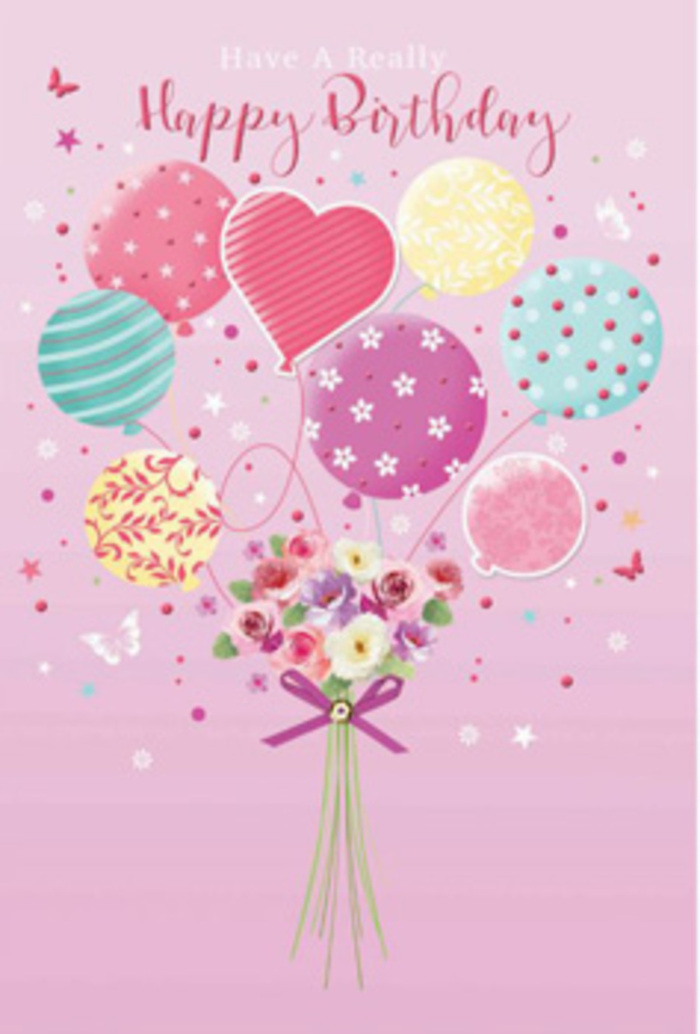 This detailed birthday card illustration portrays a whimsical scene where balloons and blooms combine to create a feeling of gentle jubilation, like a party setting just off Epsom High Street or near Alexandra Park. At the top, a loose bouquet of balloons seems to float effortlessly, each balloon rendered in soft, luminous colours that melt into one another: pale sunshine yellow, rosy pink, lavender, and cool mint. Some balloons are decorated with playful candy-like stripes, others with neat rows of dots or delicate, almost lace-like motifs, giving each one its own personality while still feeling part of the same joyful gathering. Below, the strings converge into a compact, hand-tied posy that looks as if it has just been prepared on a florist's workbench. The flowers are small yet abundant, with petite roses and daisy-style blossoms clustered together, their petals shaded from warm cream through to blush rose, as if morning light is touching each bloom in turn. The bouquet is finished with a shimmering purple ribbon, tied into a neat bow that suggests a thoughtful, expert hand. Tiny stars and soft, floating accents drift around the arrangement, like confetti caught in a gentle breeze at a birthday tea. The background is a quiet, dusty pink that frames the design without distraction, allowing the pastel colours to glow. The entire composition conveys the sense of a lovingly chosen birthday surprise, the kind of design that might accompany flowers delivered to a friend in Epsom, carrying with it the warmth and care of a local florist who understands how to make someone feel sincerely celebrated.