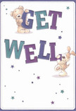 This cheery get well card radiates playful optimism, brought to life with two delightful characters-a huggable teddy bear and a lively puppy-joyfully balancing bold, colourful letters that spell out 'Get Well.' The text, shaded in indigos and teals, pops brilliantly against a gentle cream background, evoking the rejuvenating calm often found during peaceful walks through Epsom Common. Scattered stars in hues of blue and purple twinkle across the design, infusing each corner with a whimsical hopefulness that reassures and uplifts. The illustrated softness of the bear's fur and the puppy's expressive gaze feel almost tangible-like the comforting brush of petals in a bouquet crafted by a local florist. This card does more than deliver a message; it carries warmth, care, and a gentle embrace, making it a heartening choice to brighten the recovery of someone dear in Epsom, perhaps sent along with same-day floral delivery just when it's needed most.
