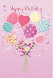 A dreamy birthday scene unfolds in this illustration, where a bouquet of balloons seems to lift a small garden of flowers into the air, much like a surprise party appearing at a doorstep in Epsom. The background is a soft blush pink, comforting and warm, setting the stage for a cluster of pastel balloons that float upward with quiet exuberance. Each balloon has its own charm-some are wrapped with swirling, candy-coloured stripes, others sprinkled with playful polka dots, and one or two take on more romantic shapes, rounded and full, hinting at hearts and shared affection. The colours stay within a gentle palette of shell pink, sea green, buttery yellow, and muted lilac, blending into a harmonious cloud of celebration. Below this hovering cluster, their strings gather into a generous hand-tied bouquet, packed with delicate roses and anemone-like blossoms in creamy ivory, blush, and soft mauve. The petals are illustrated with a feathery softness that lets you imagine their velvety touch, as though you're holding a freshly arranged birthday posy just delivered somewhere near Epsom Downs. The stems are cinched by a rich violet satin bow, its loops and tails catching the light as if just tied by a skilled florist. Scattered stars and tiny butterfly-like shapes drift around the arrangement, adding a hint of fairy-tale magic, like the sparkle of wrapping paper or party decorations. The whole composition conveys an airy, uplifting joy, perfectly suited to a birthday greeting that feels personal, thoughtful, and lovingly crafted in the heart of Epsom.